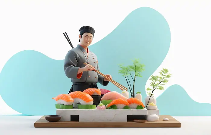 Japanese Chef Cooking Sushi 3D Character Design Cartoon Illustration